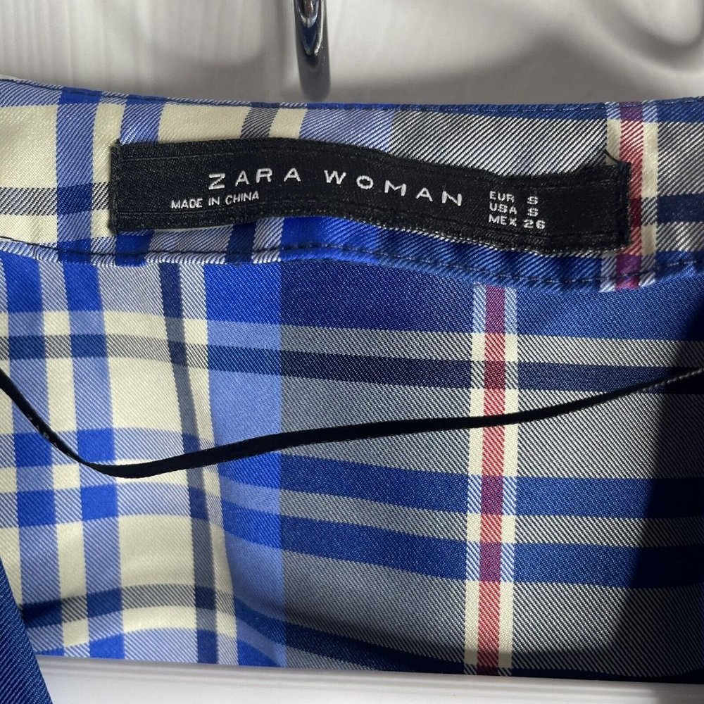 Zara Tartan Dress Womens S Blue Midi Plaid Check A-Line Puff Sleeve Button - Picture 3 of 8